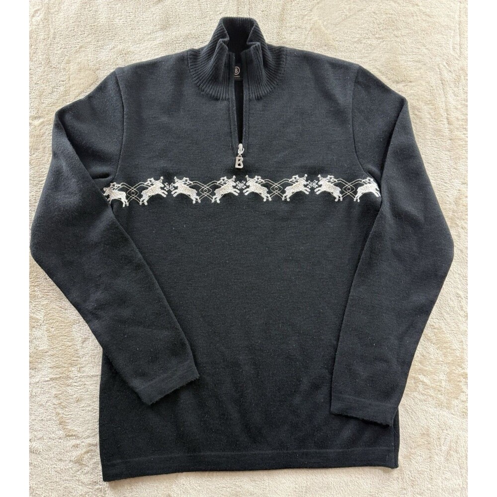 Bogner Ski Sweater Small Black Wool Blend Strick Knit 1/4 Zip Embroidered Deer